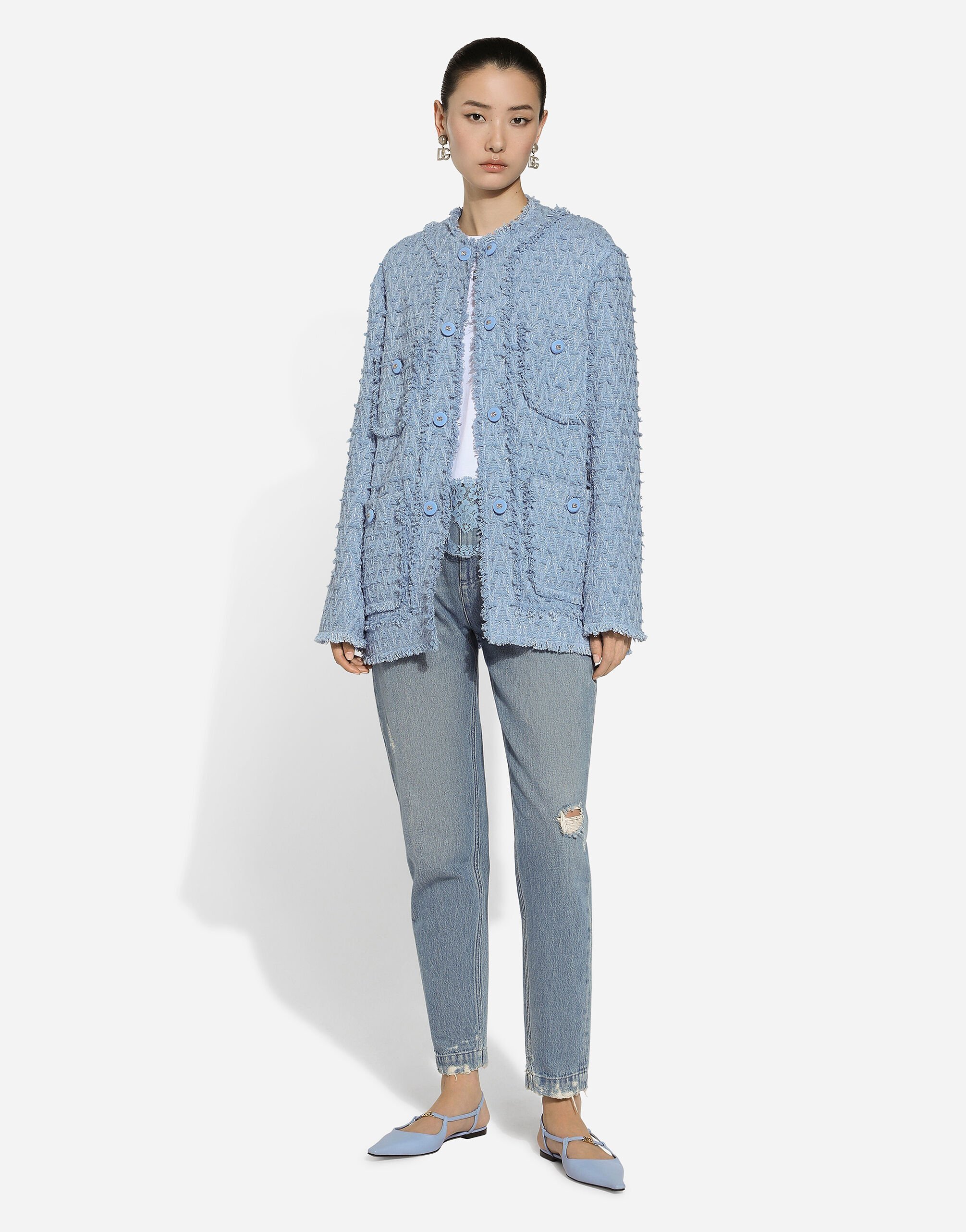 Dolce & Gabbana Light Blue Single-breasted Jacket With Logo Detail On Buttons In Cotton Blend Woman In Blue