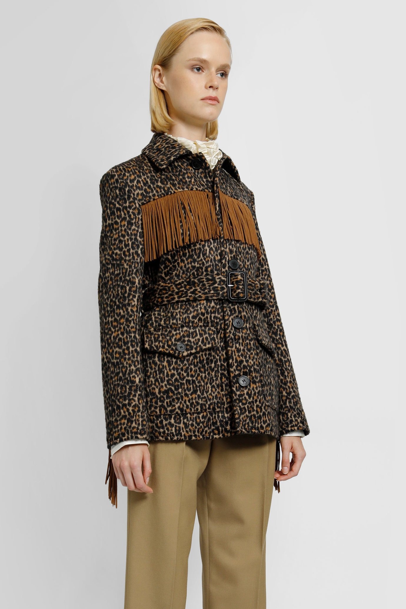 Saint Laurent Belted Fringed Leopard Wool-blend Jacquard Jacket In Black