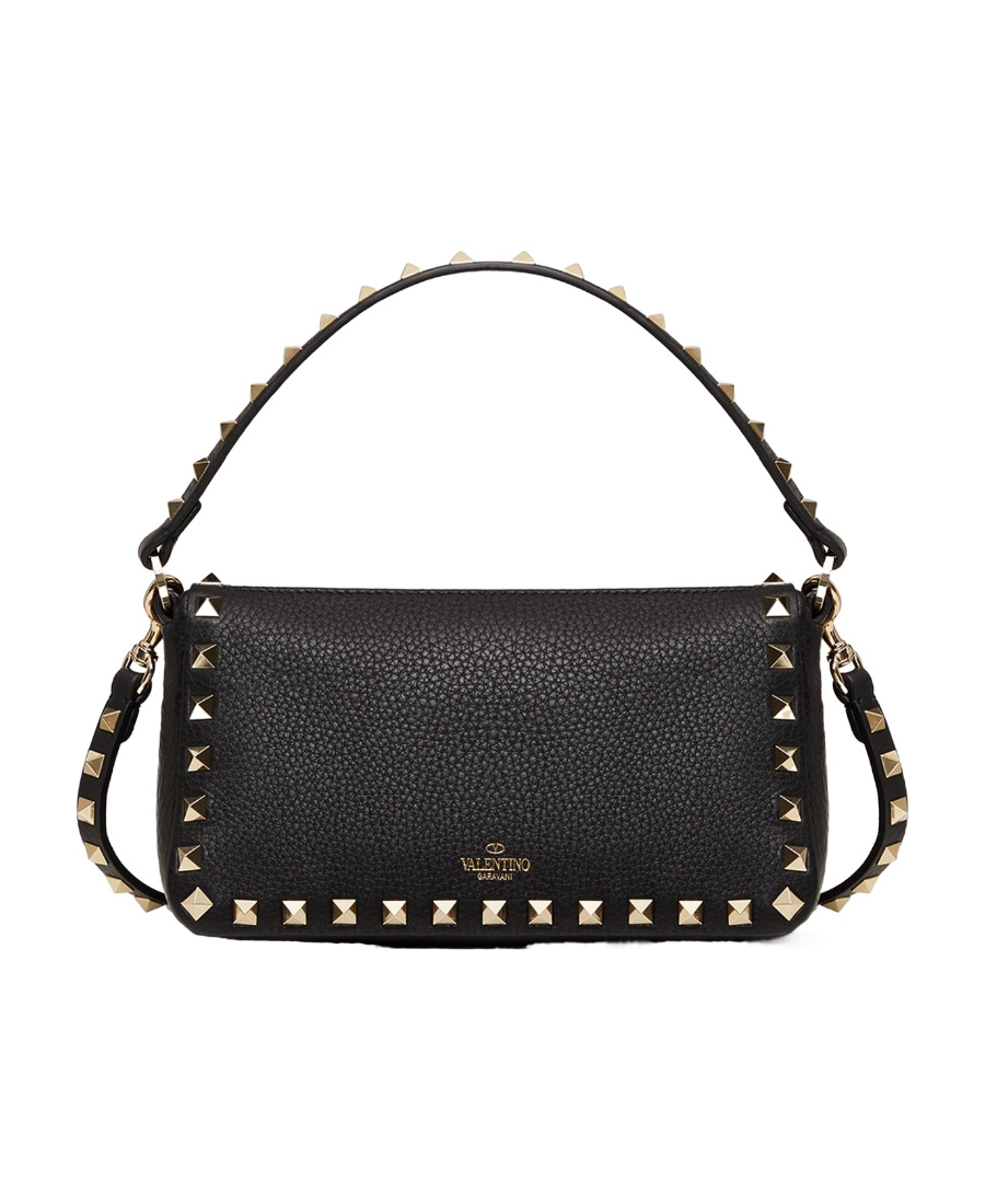 Valentino Small Rockstud Shoulder Bag In Grained Calfskin In Black