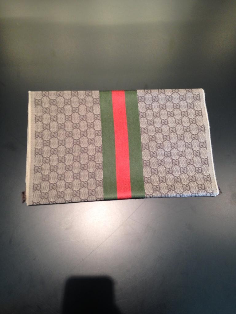 Gucci Gg Jacquard Knit Scarf With Web And Fringe In Brown
