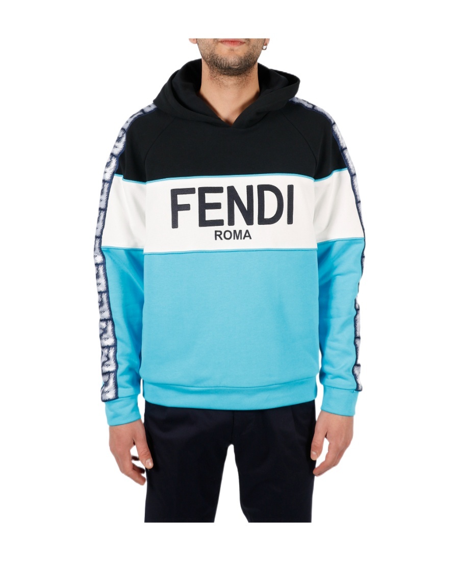 Fendi Logo-print Monogram-band Hoodie In Blue