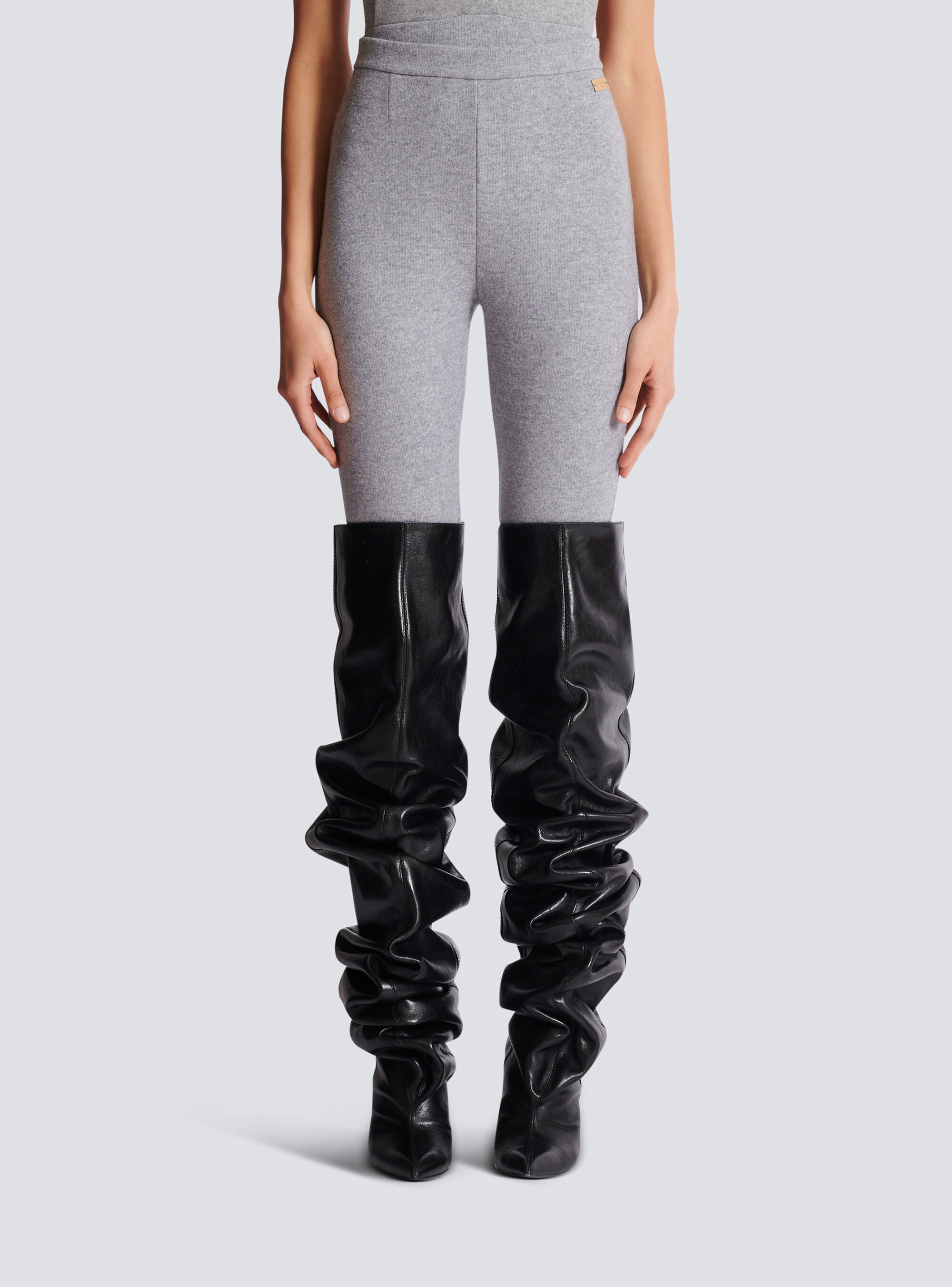 Balmain Wool-blend Knitted Leggings In Gray