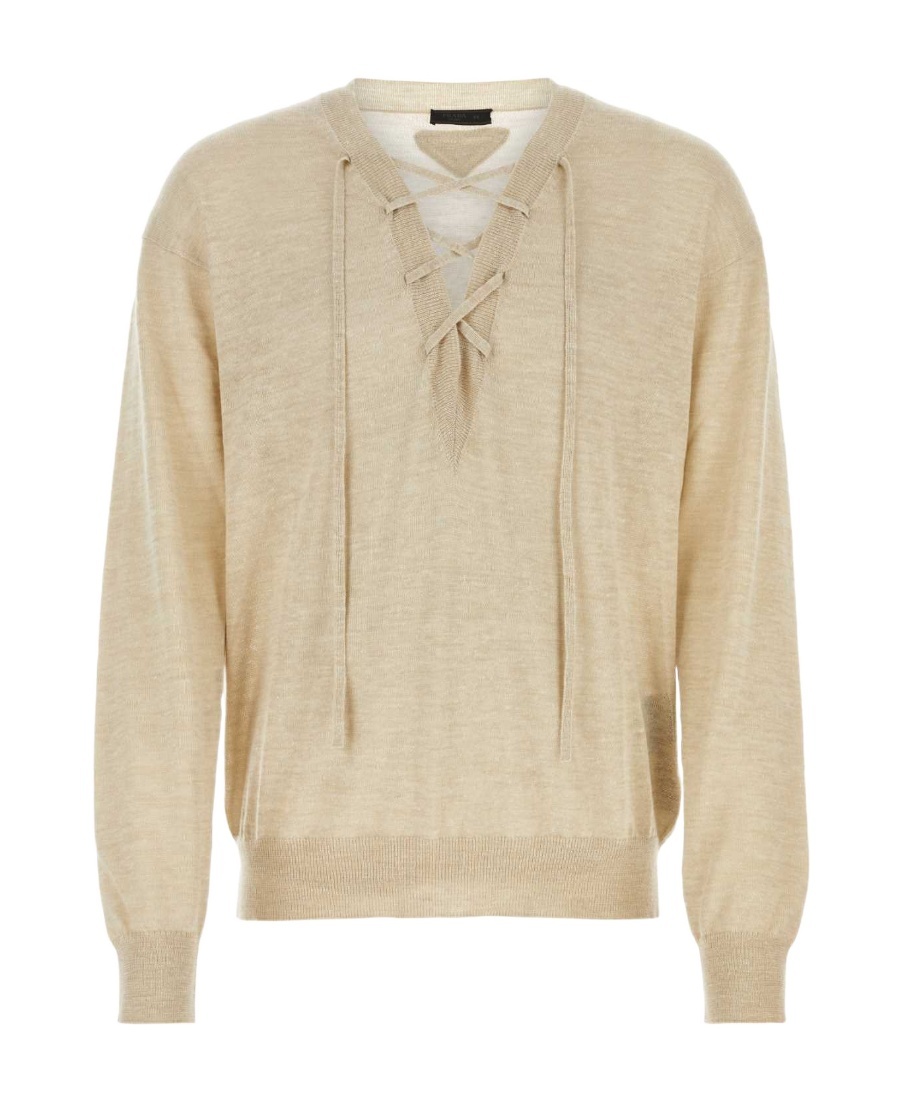 Prada Lace-up Neckline Cashmere Blend Sweater In Ivory