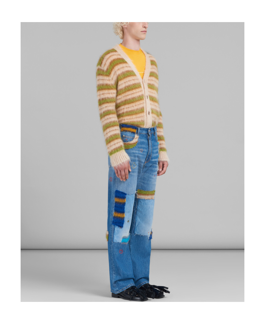 Marni Brushed Cardigan In Striped Mohair In Nude
