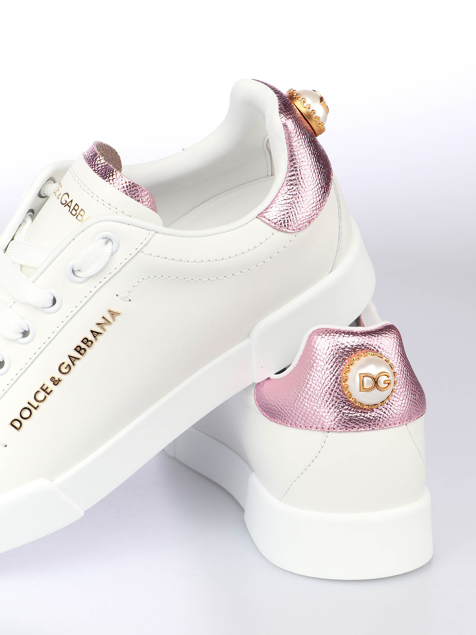 Dolce & Gabbana Portofino Leather Low-top Sneakers With Lateral Lettering Logo In White