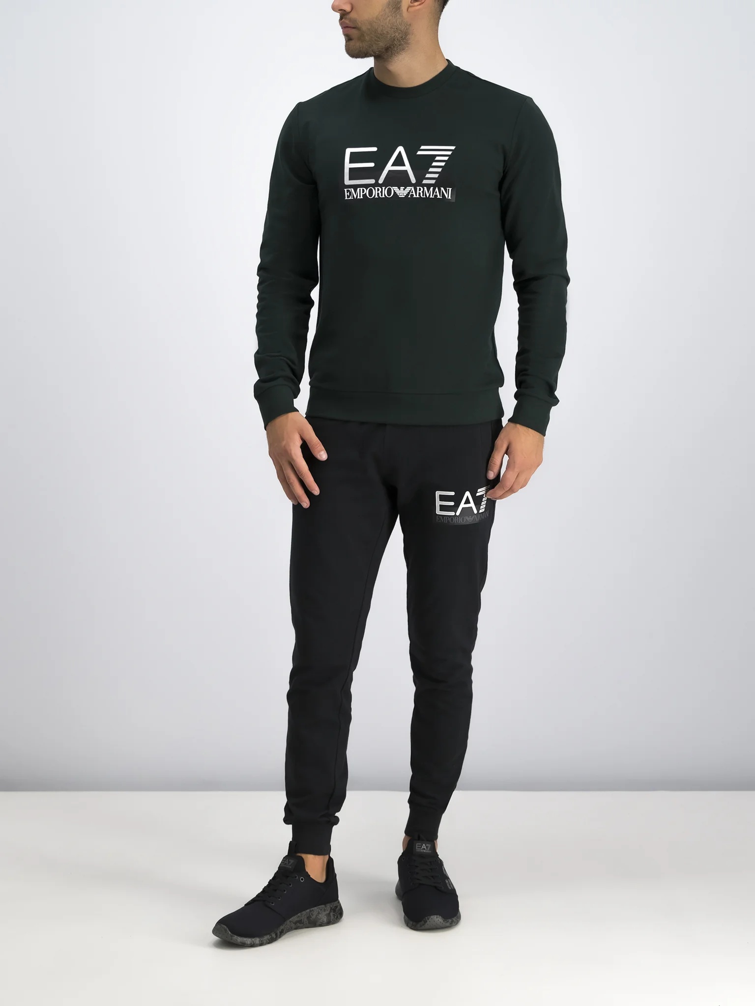 Ea7 Round Collar Long Sleeve Sweater In Black