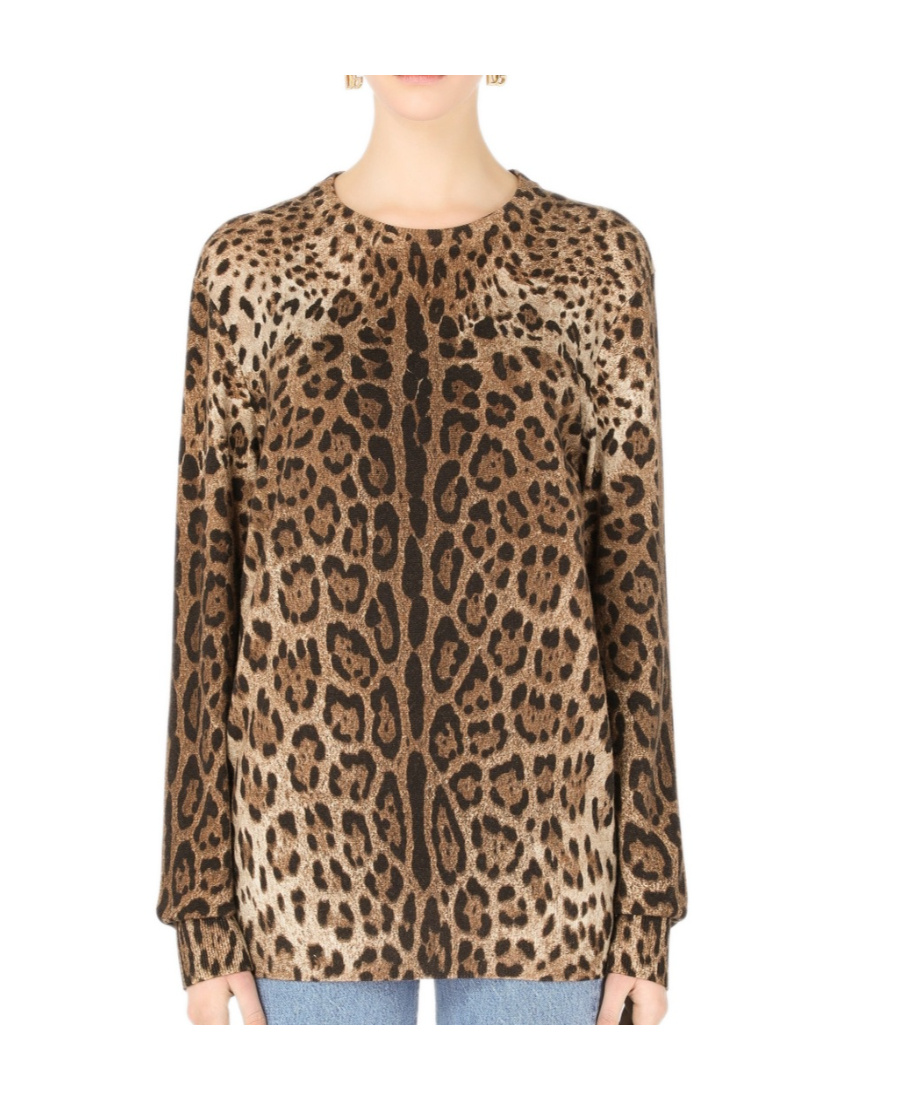 Dolce & Gabbana Leopard Print Cashmere Sweater In Brown