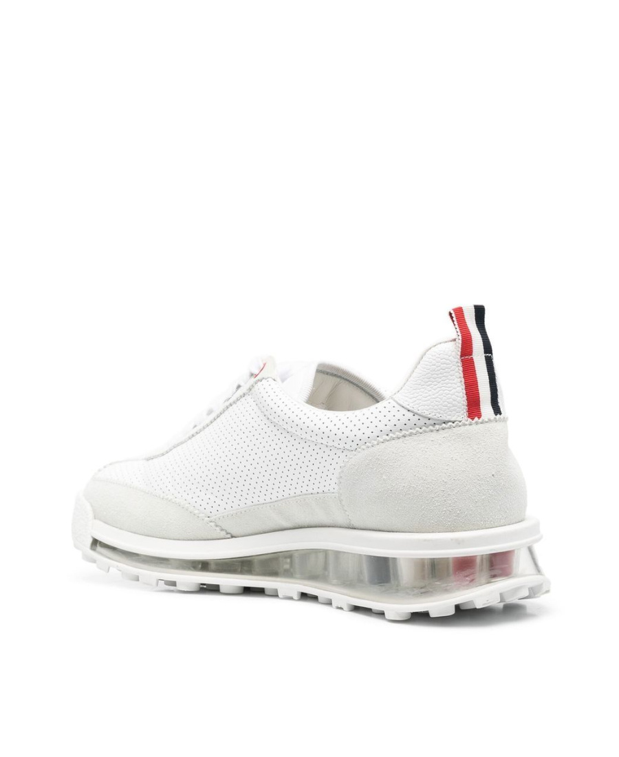 Thom Browne Perforated Leather Sneakers With Suede Overlays And Transparent Sole In White
