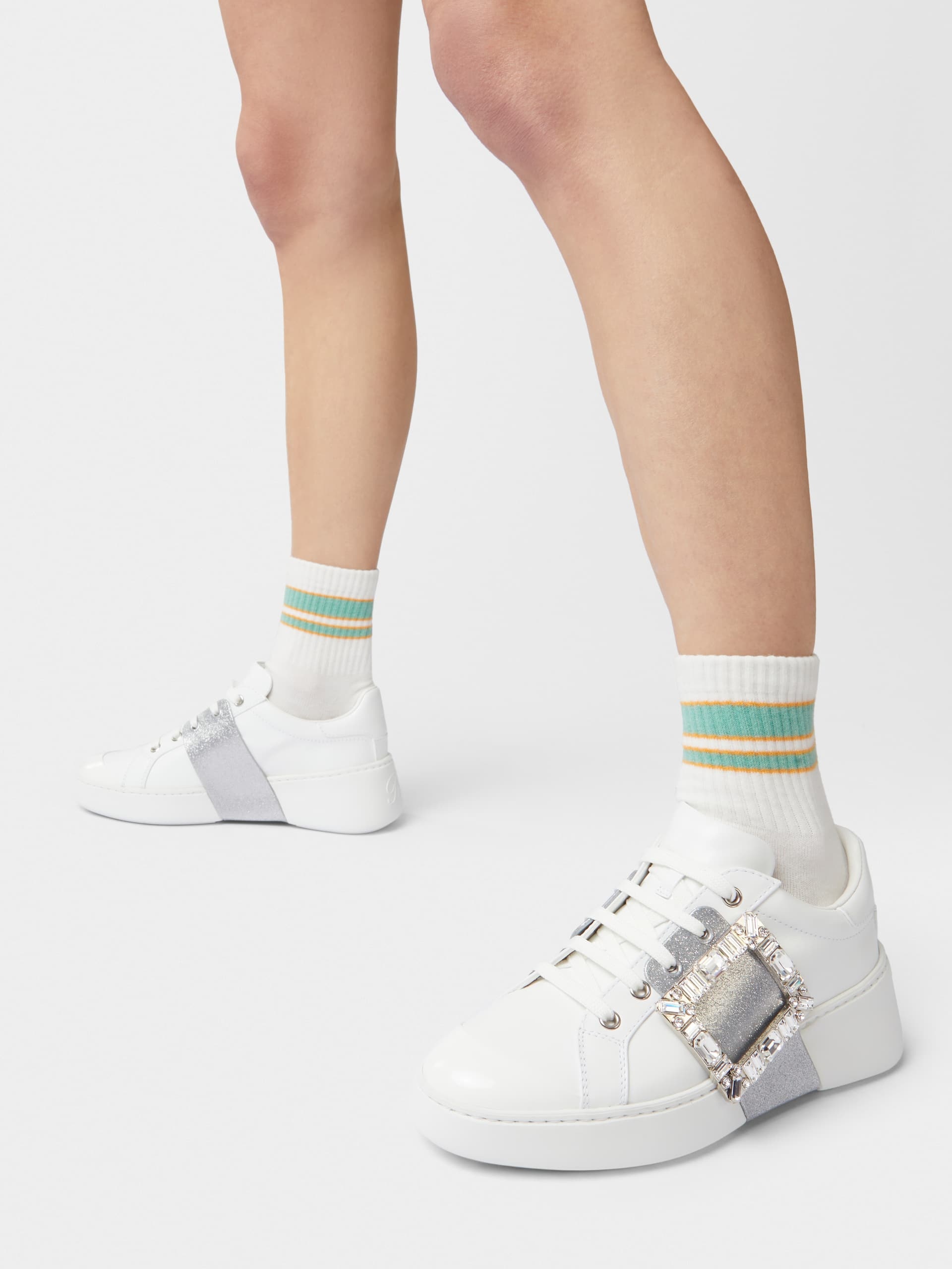 Roger Vivier White Viv Skate Sneakers With Rhinestone Buckles In White
