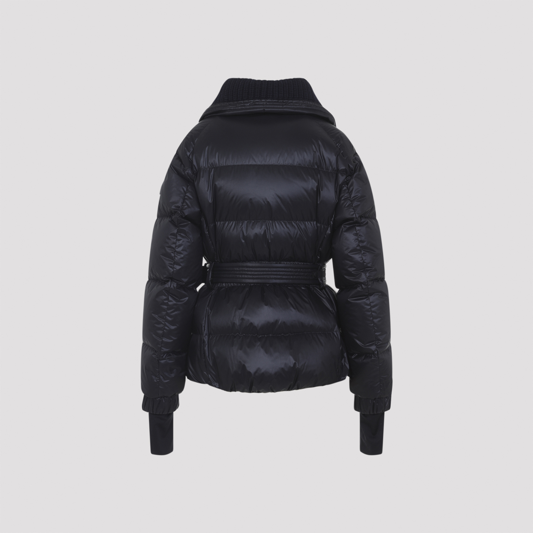 Moncler Puffer Jacket With Belted Waist And High Collar In Blue
