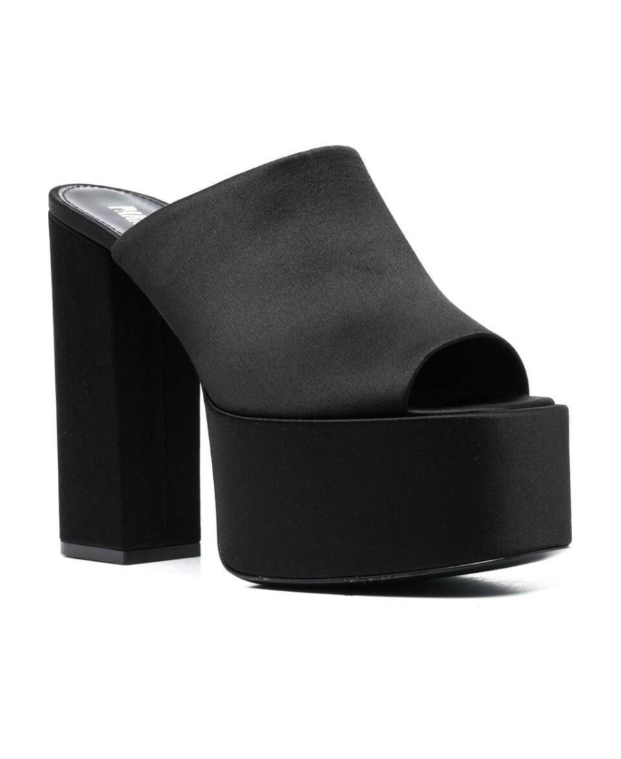 Paris Texas Black Mules With Oversized Platform In Silk Woman In Black