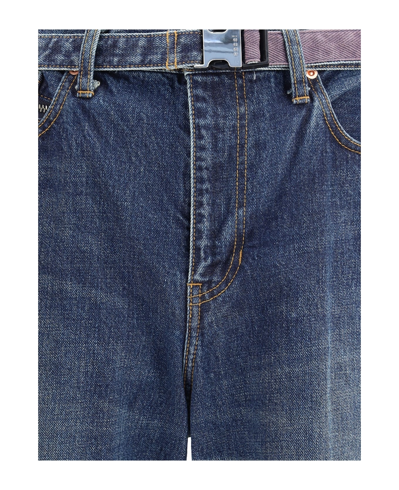 Sacai Belted Zip-pocket Jeans In Blue