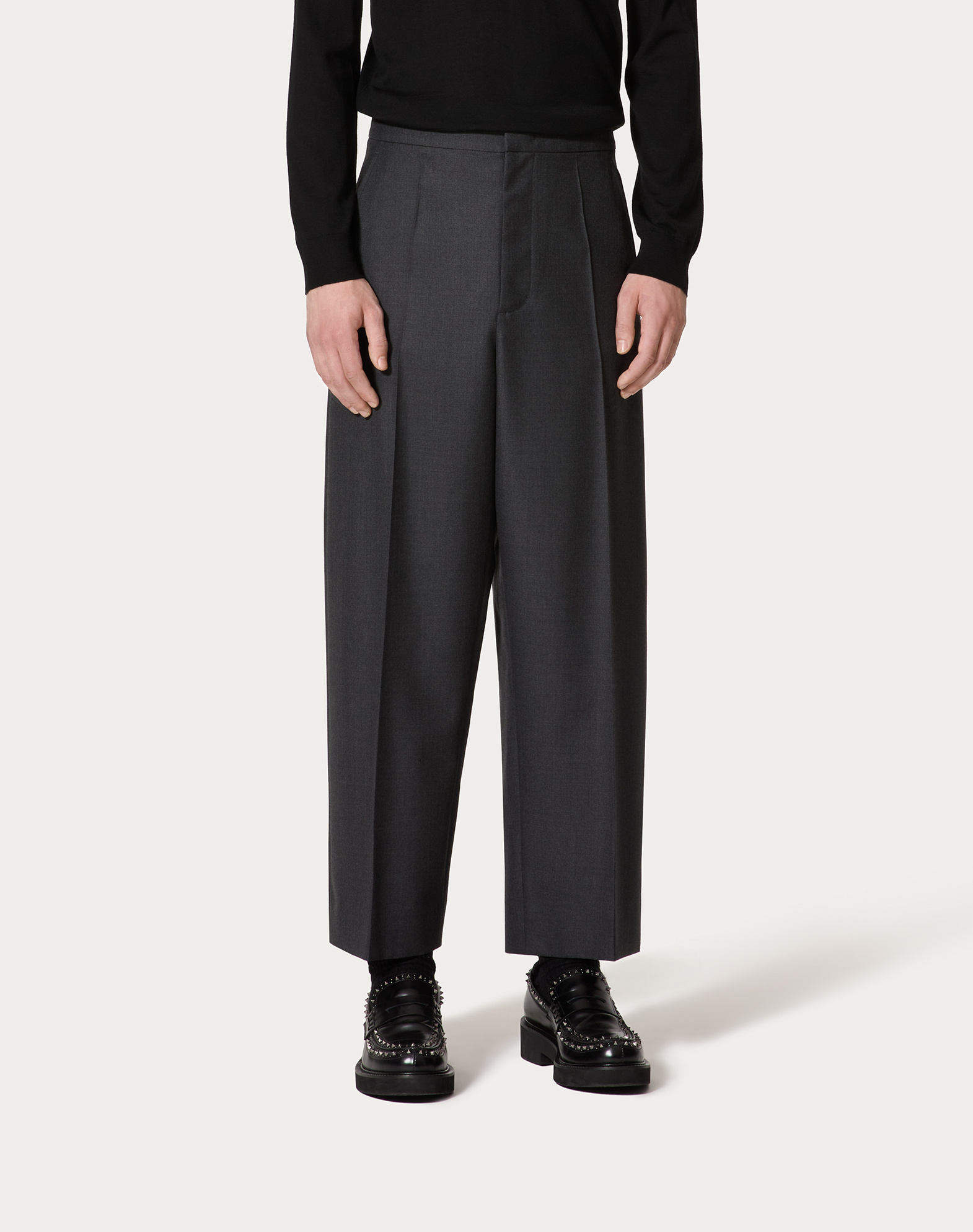 Valentino Garavani Grey Wide Pants With Pences In Wool Man In Black