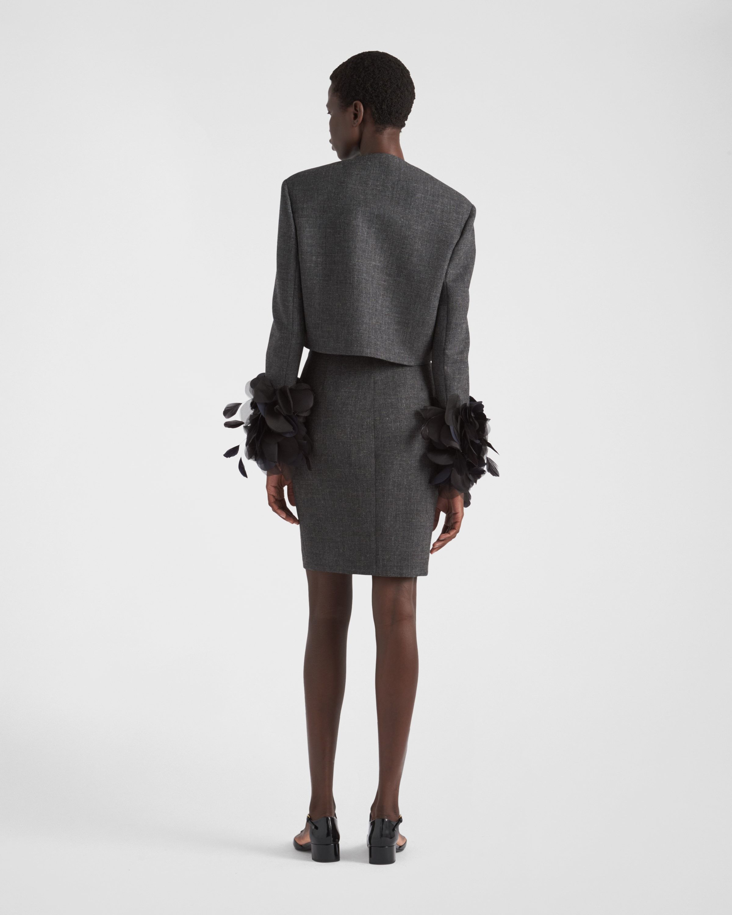 Prada Mat Feather-cuff Cropped Jacket With Crystal Buttons In Gray