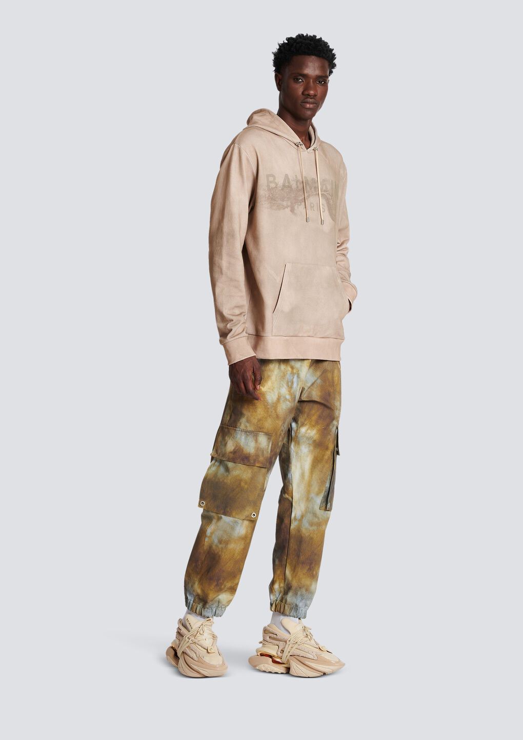 Shop Balmain Hoodie In Eco-responsible Cotton With Paris Desert Logo Print In Nude