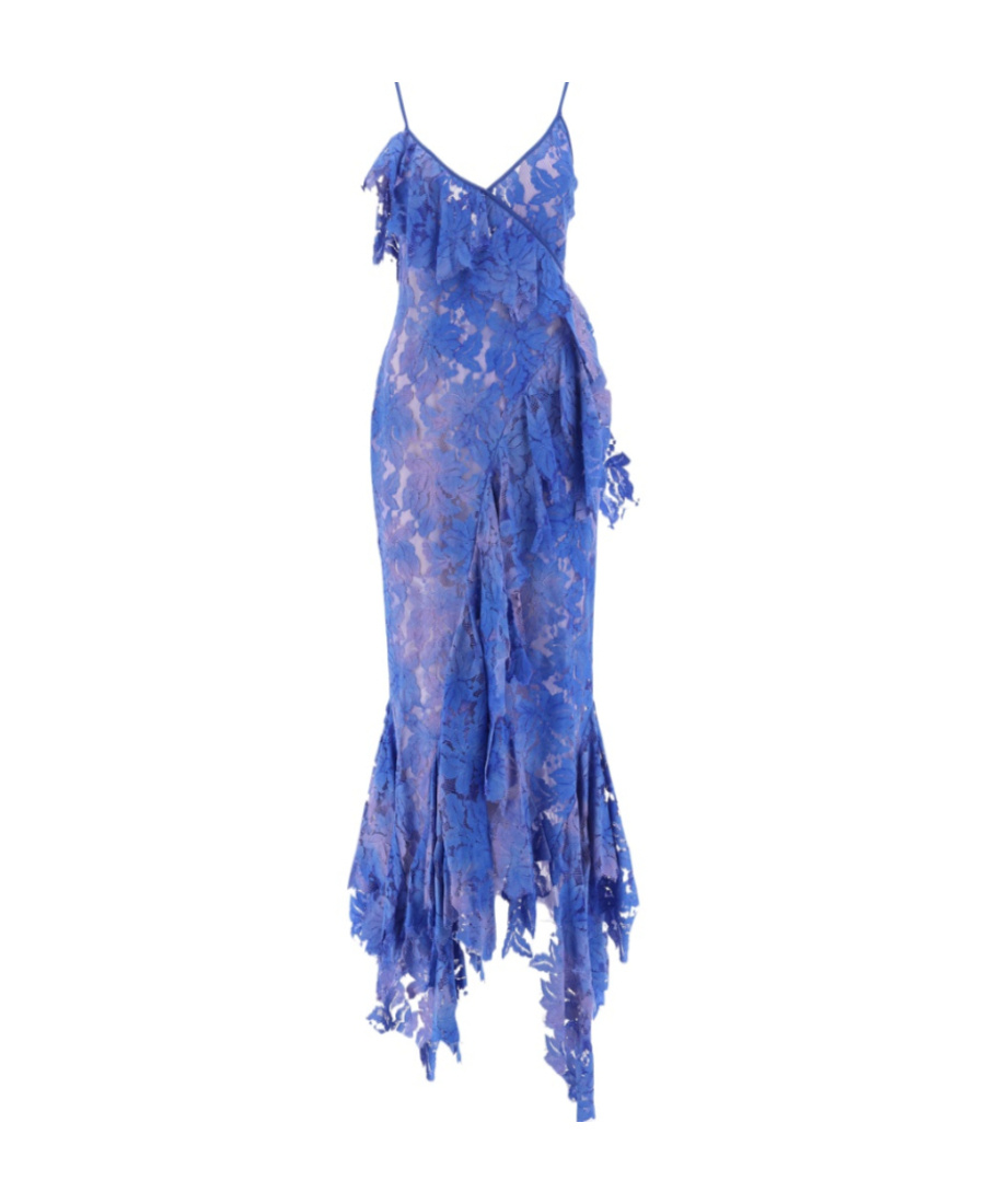 Attico Thelma Ruffle Godet-hem Lace Midi Dress In Blue