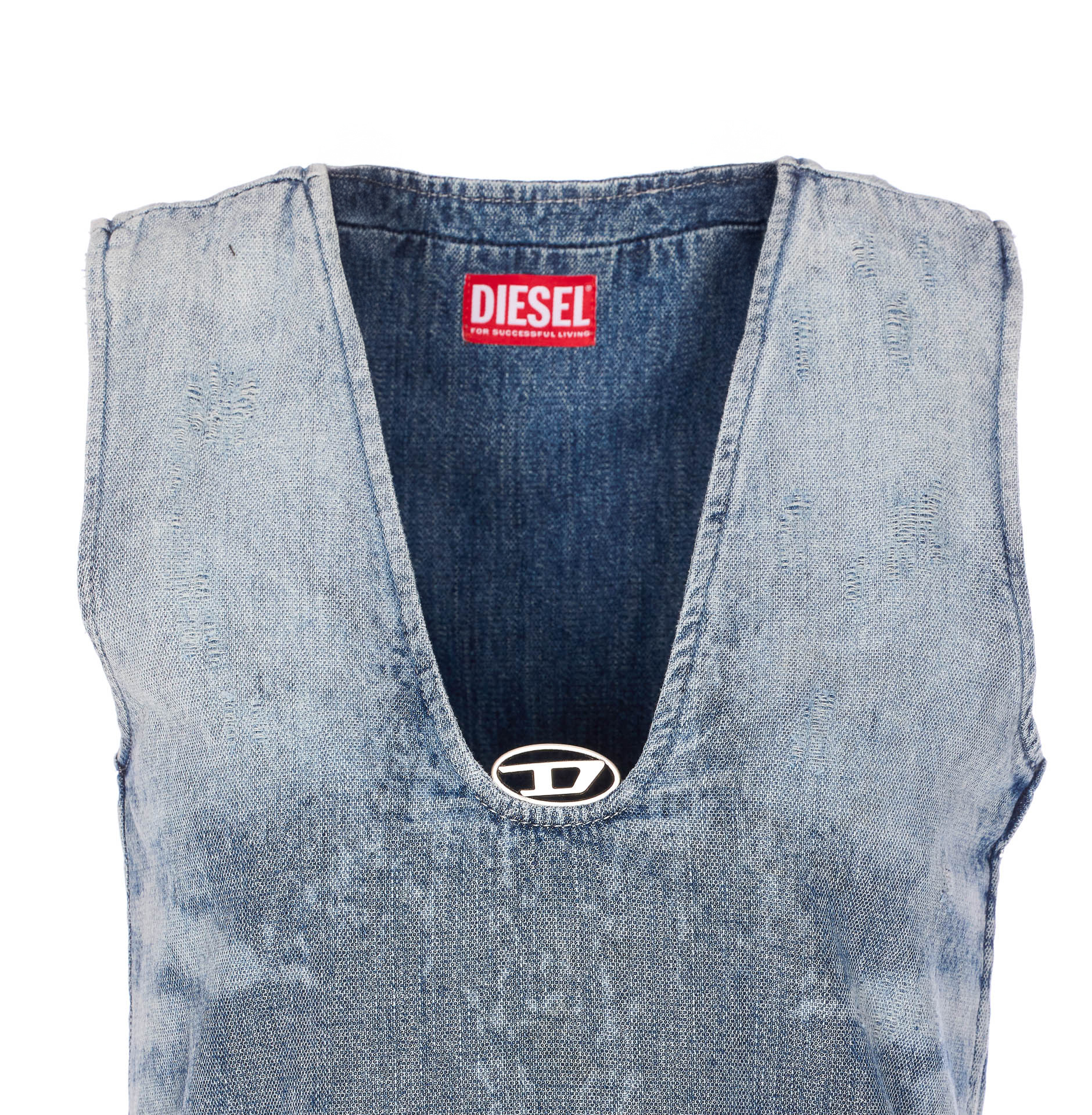 Diesel Sleeveless V-neck Distressed Denim Dress In Blue