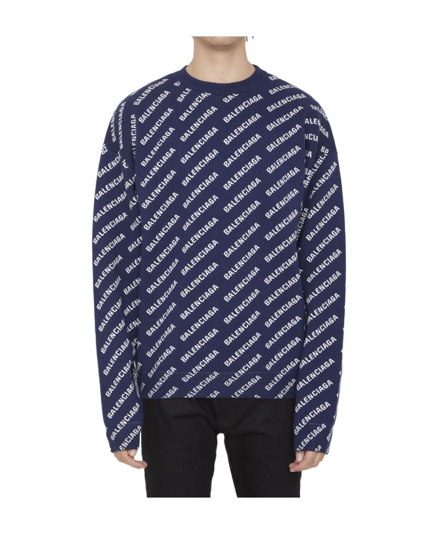 Balenciaga All-over Logo Crewneck Sweater In Blue
