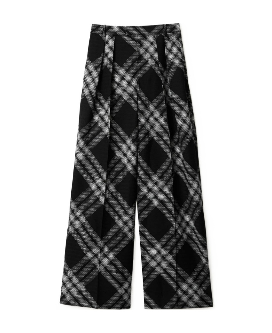 Burberry Pleated Checked Wool Straight-leg Pants In Black