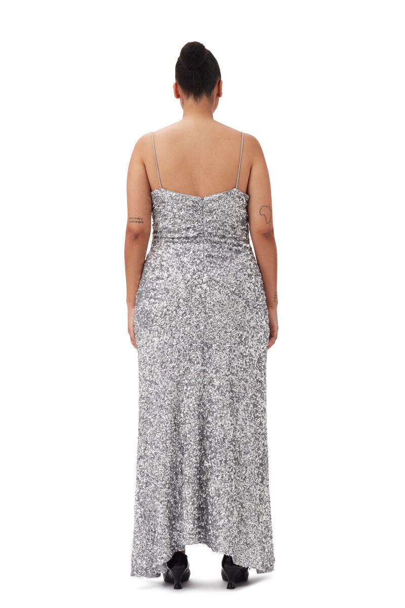Ganni All-over Metallic Embellished Dress In Gray