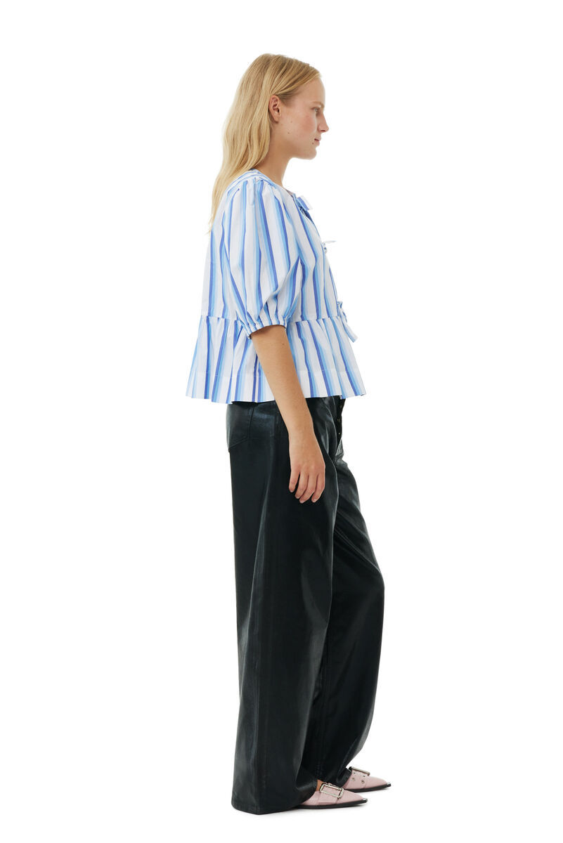 Ganni Blue Striped Cotton Poplin Peplum Tie Blouse
