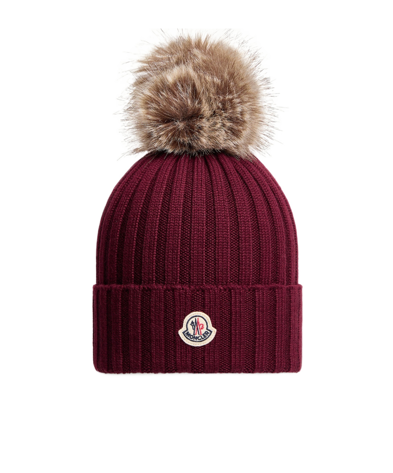 Moncler Maroon Logo Ribbed Texture Beanie Hat In Red