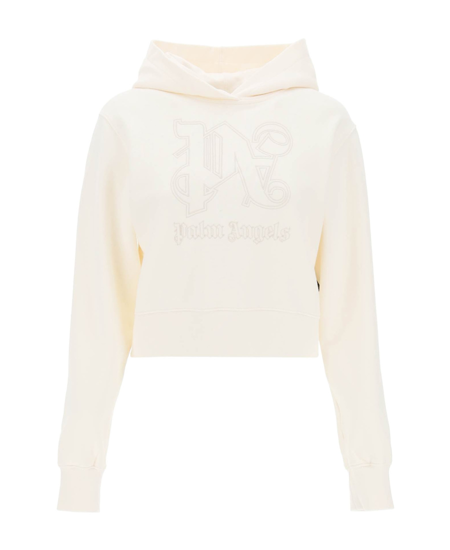 Palm Angels Cropped Hoodie With Monogram Embroidery In White