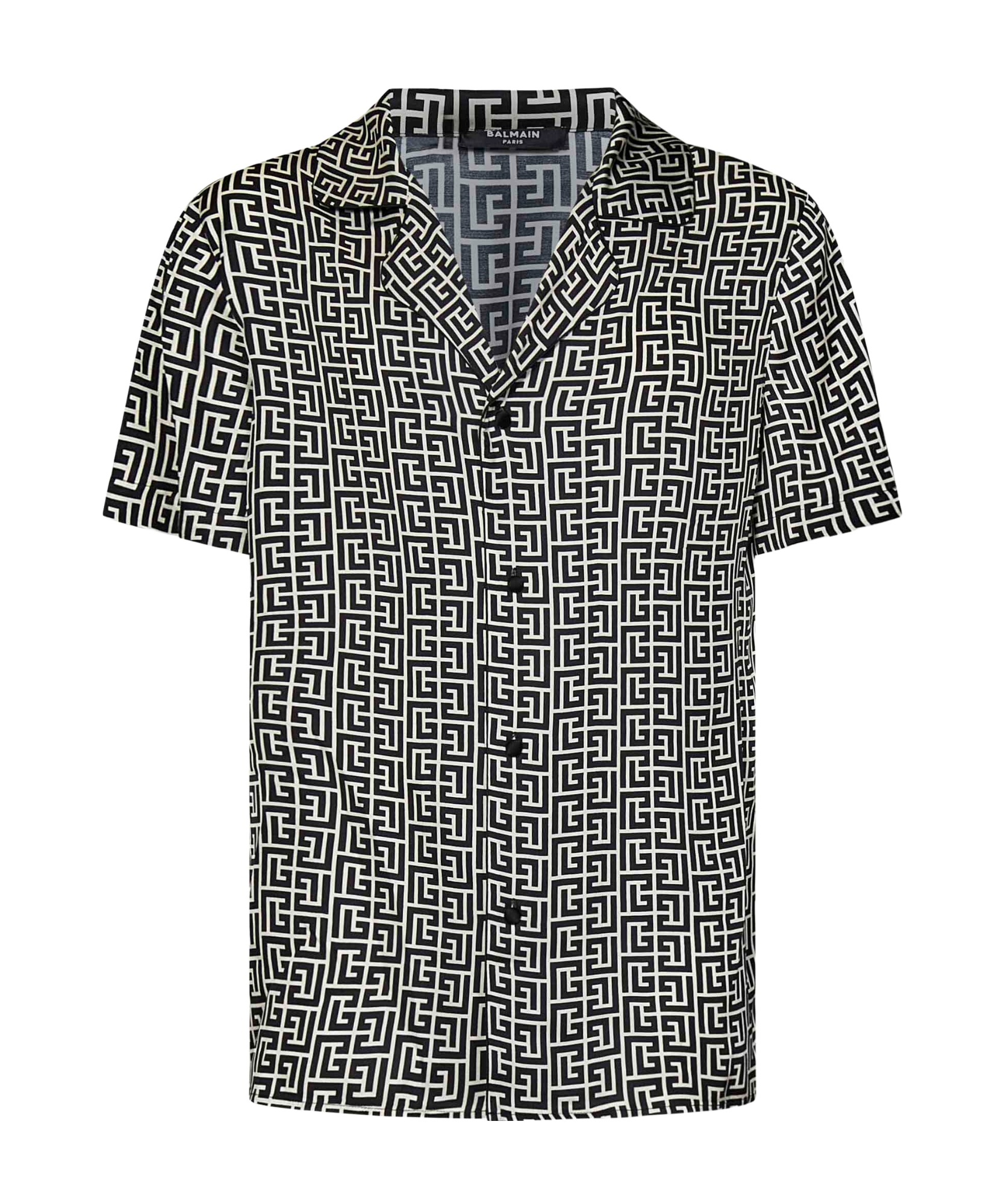 Balmain Black And White Bowling Shirt With All-over Monogram In Cupro Man In Black