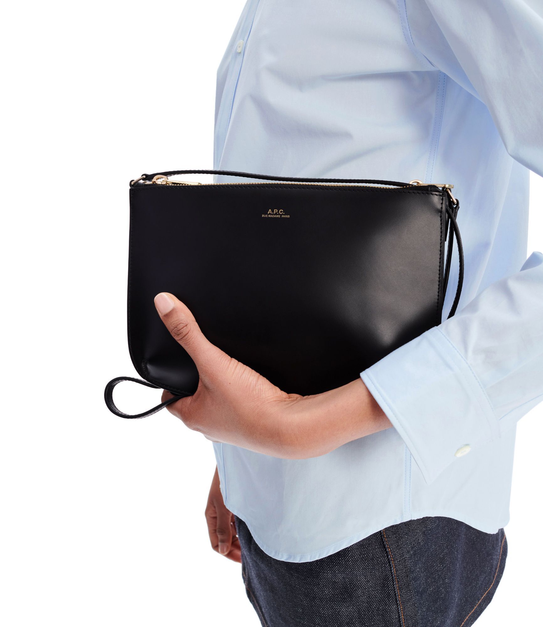 A.p.c. Minimalist Black Leather Shoulder Bag With Adjustable Strap In Black