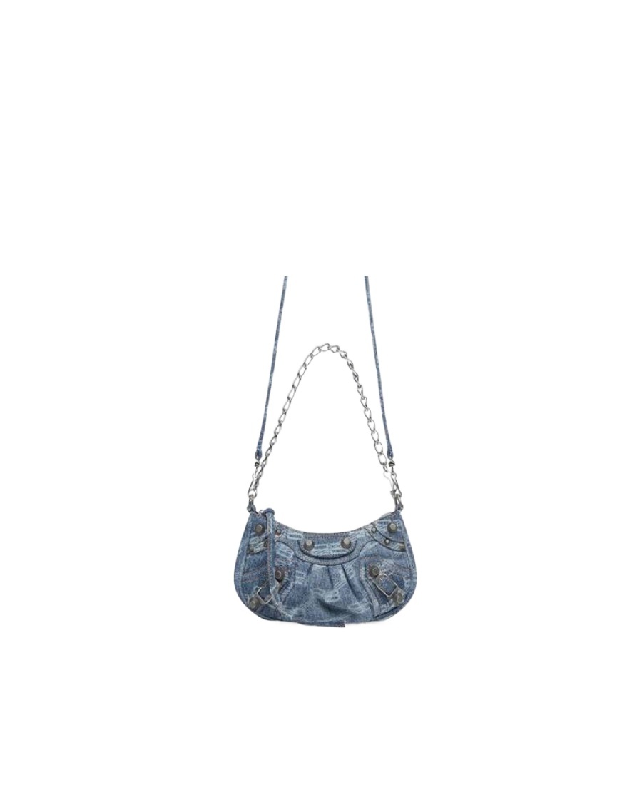 Balenciaga Le Cagole Mini Studded Printed Denim Shoulder Bag In Blue
