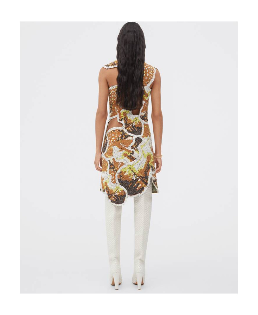 Bottega Veneta Mushroom Patchwork Short-sleeve Dress In Brown
