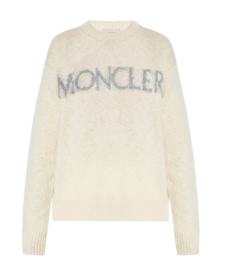 Moncler Logo Embroidered Crewneck Knit Sweater In White