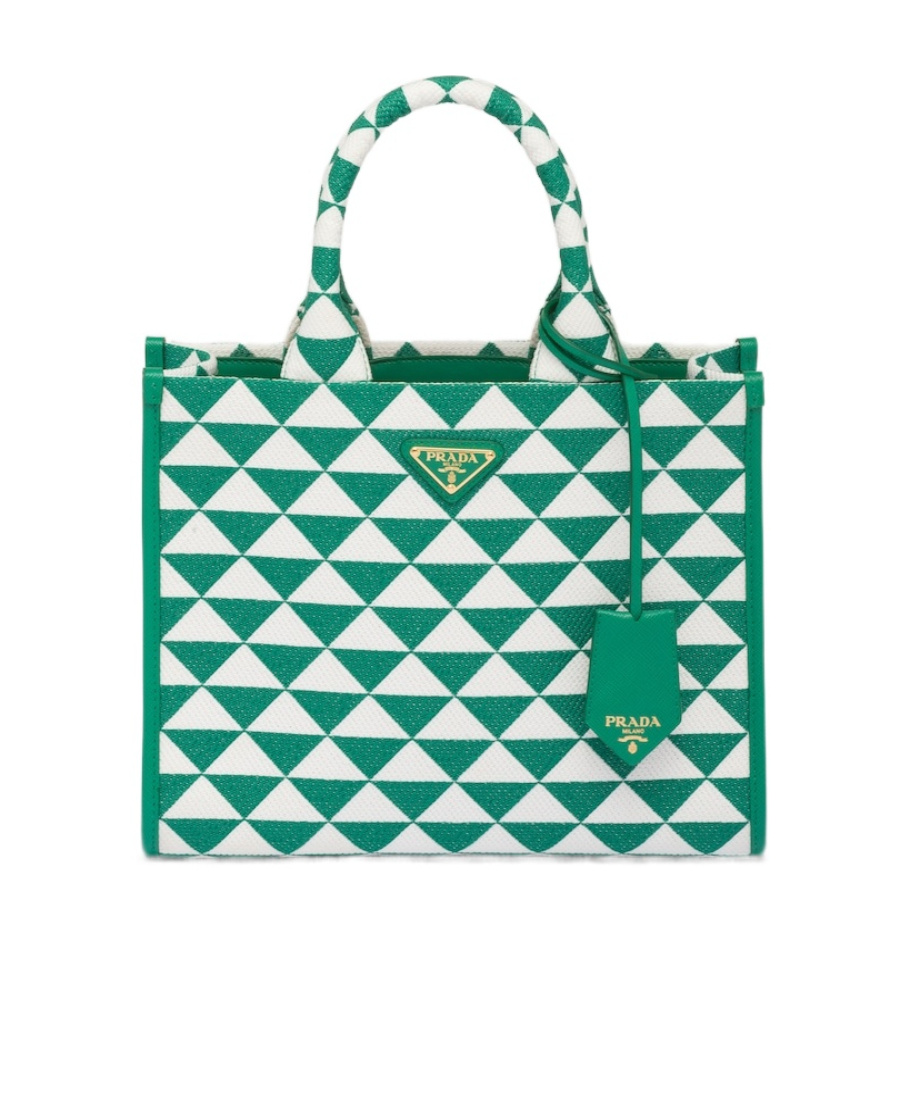 Prada Women Embroidered Fabric Small Symbole Shopping Bag In Mango Color