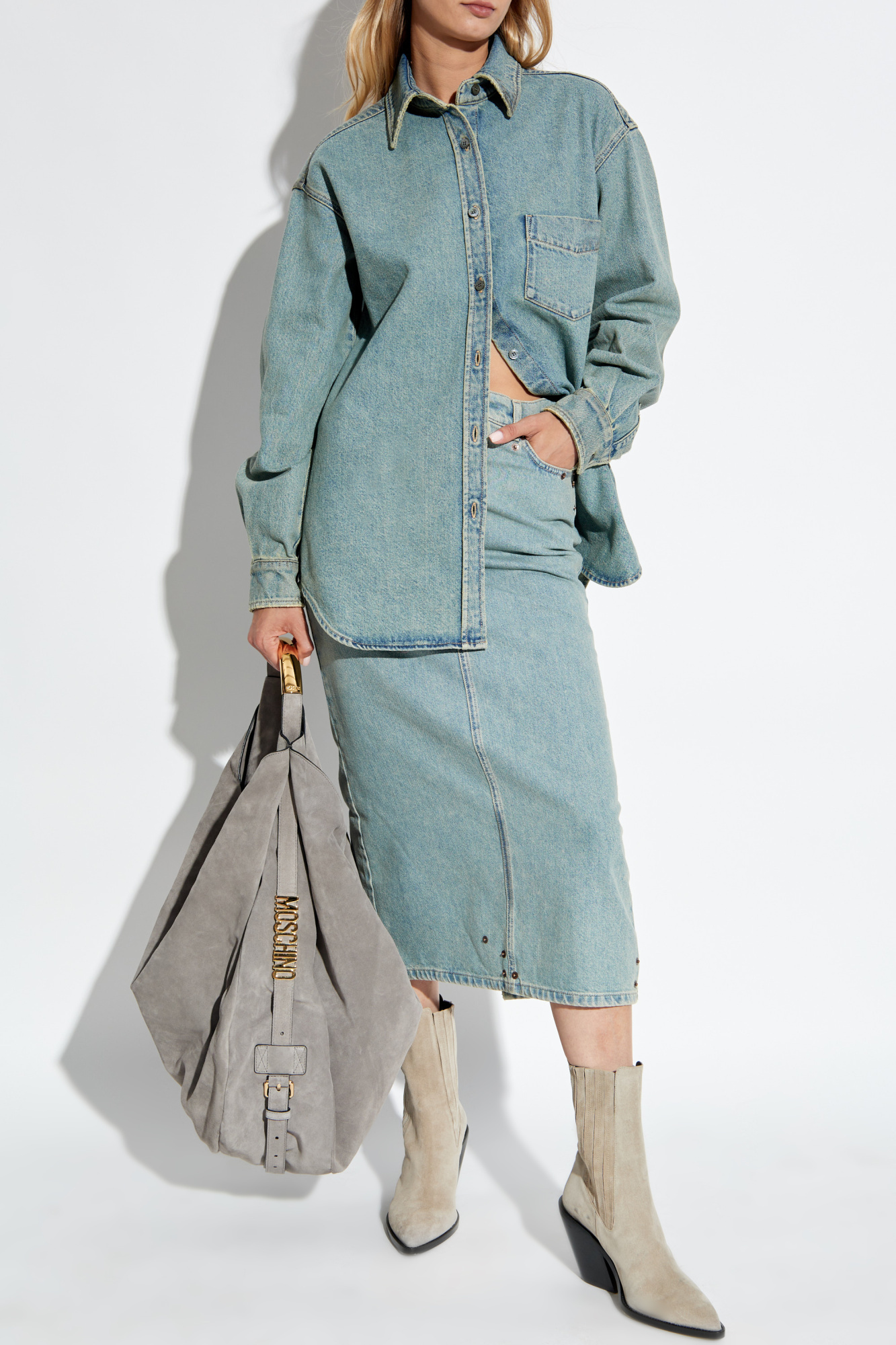 Moschino Women Rivets Denim Skirt In Blue