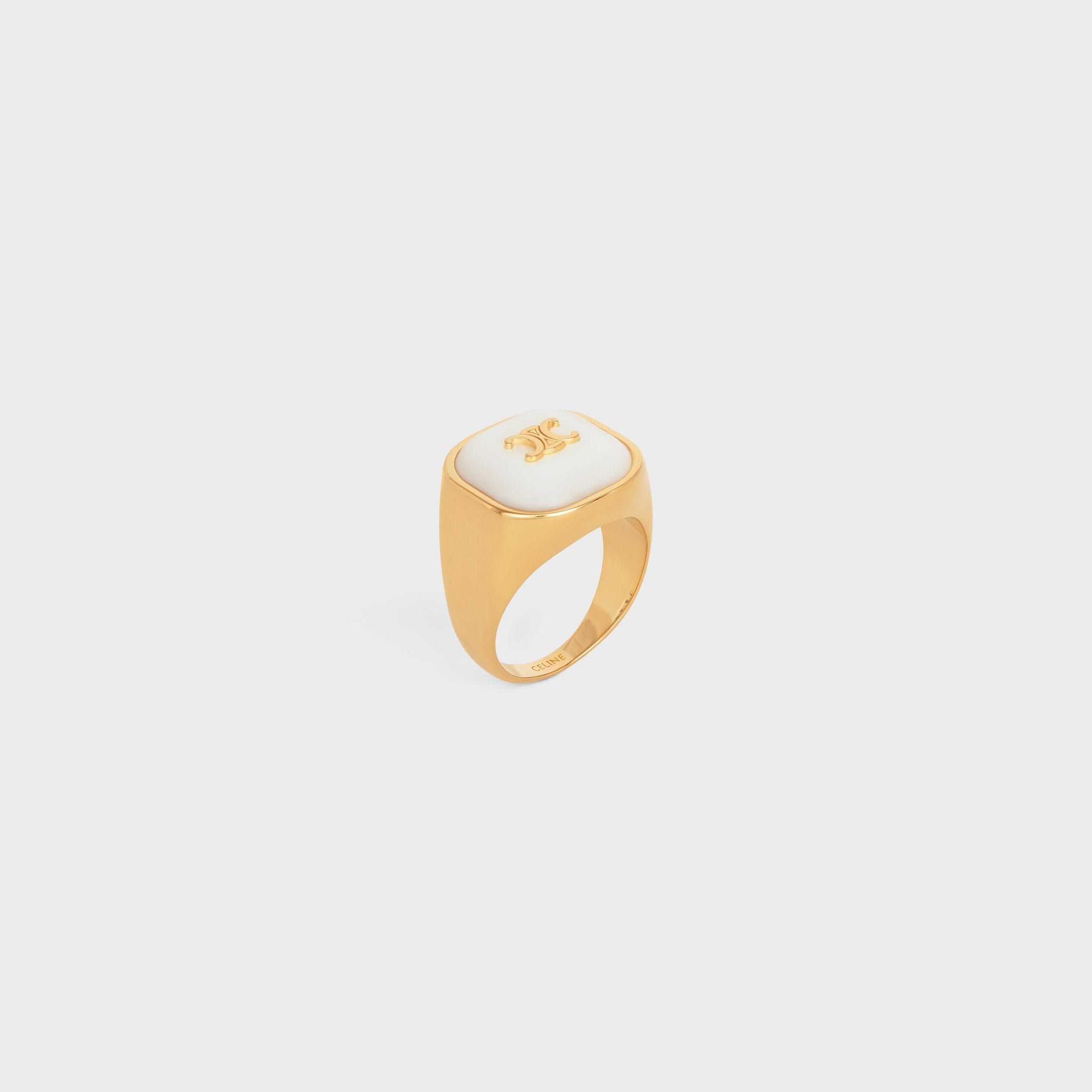 Celine Triomphe Signet Ring In Mother Of Pearl And Brass With Gold Finish In Multi