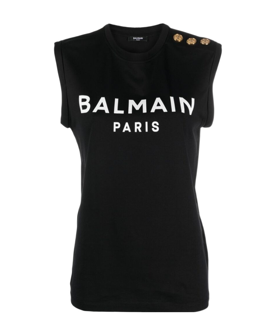 Balmain Embossed-buttons Logo-print Tank Top In Black