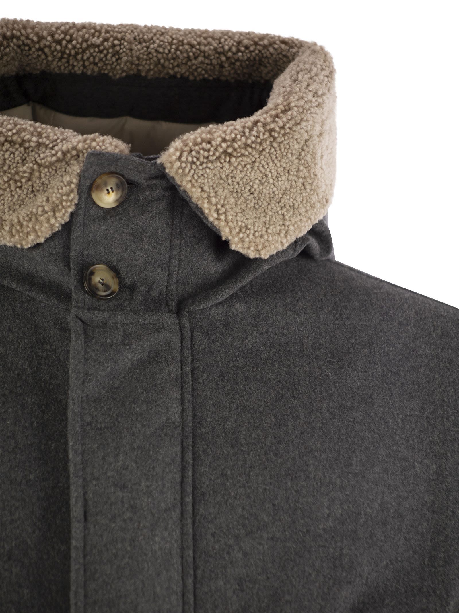 Brunello Cucinelli Men Membranated Wool Flannel Parka Down Jacket With Hood And Shearling Insert In Black