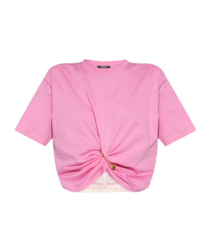 Versace Safety-pin Twisted Crop T-shirt With Underwater Barocco Silk Twill Back In Multi