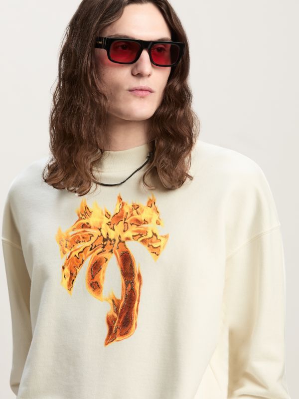 Palm Angels White Crewneck Sweatshirt With Burning Logo Print In Cotton Man In White