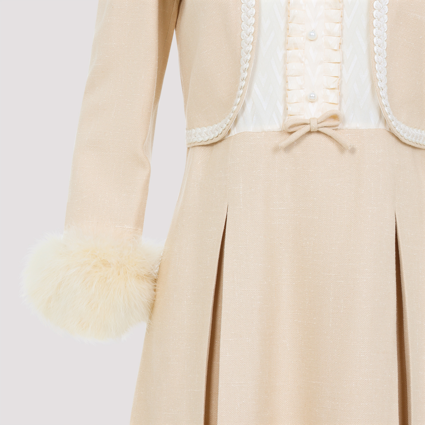 Valentino Nude Viscose-silk Blend Dress With Feather-accented Cuffs In Nude