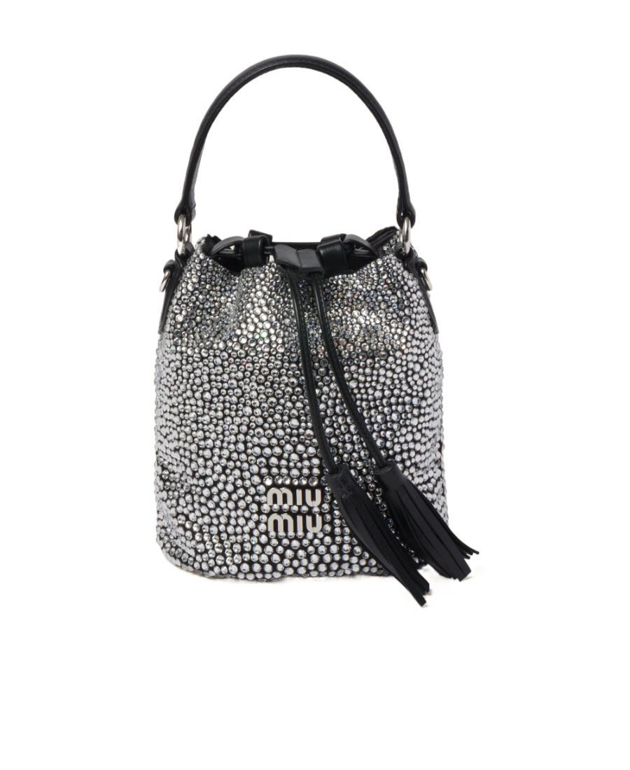 Miu Miu Silver Crystal-embellished Satin Bucket Bag In Black