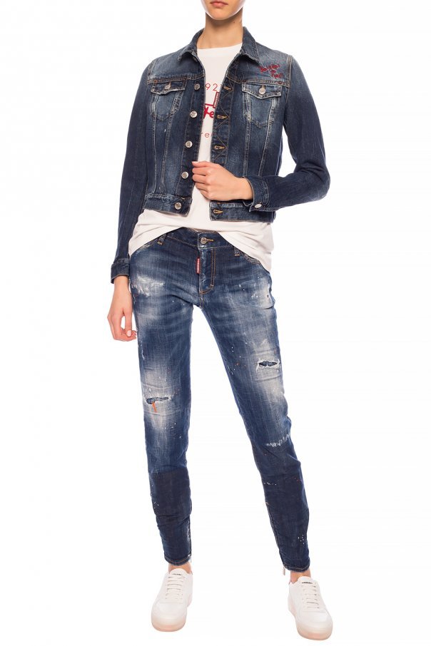 Shop Dsquared2 Cropped Embroidered Denim Jacket In Blue