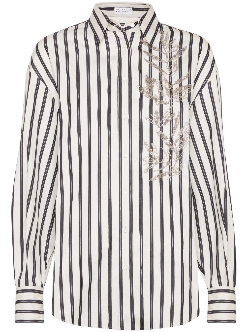 Brunello Cucinelli White Shirt With Floral Embroidery On The Front And All-over Striped Motif In White