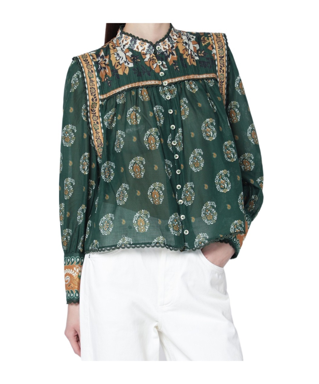 Farm Rio Tayla Buttondown Long-sleeve Blouse In Green