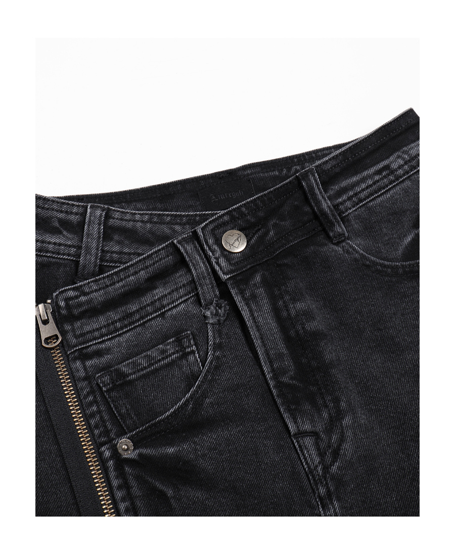 Liuregali Irregular Zipper Split Denim Skirt In Black