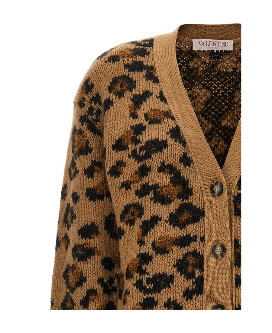 Valentino V-neck Animalier Cardigan Front Pockets In Brown