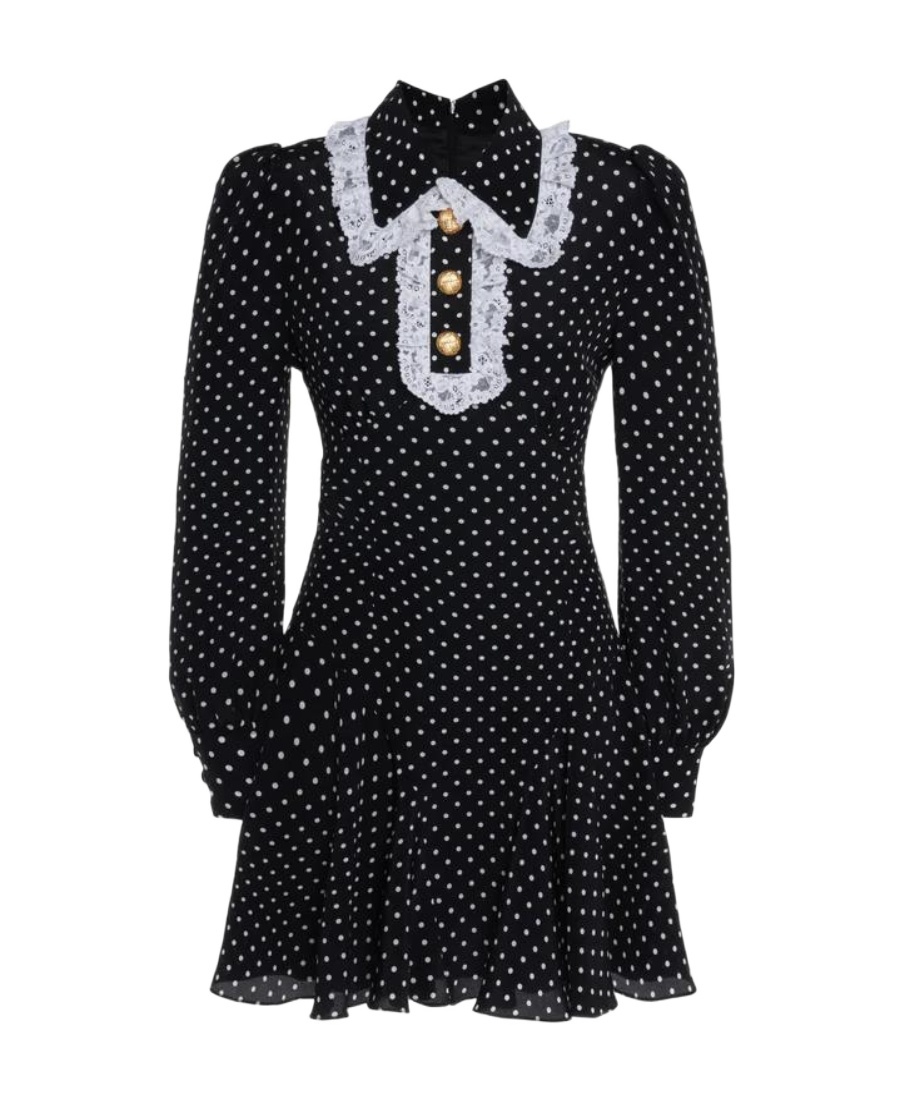 Alessandra Rich Polka Dot Mini Long Sleeve Dress In Black Silk In Black