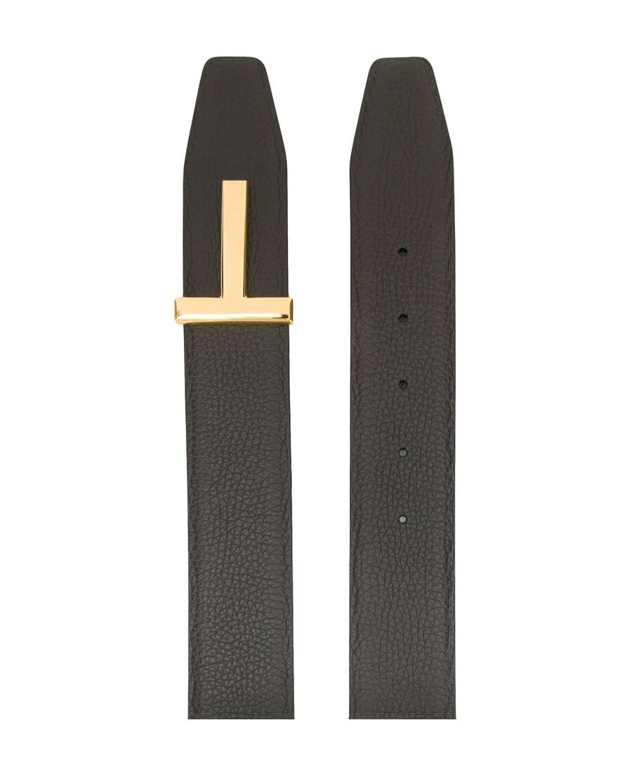 Tom Ford Black Calfskin Leather Belt With Gold T Buckle In Black