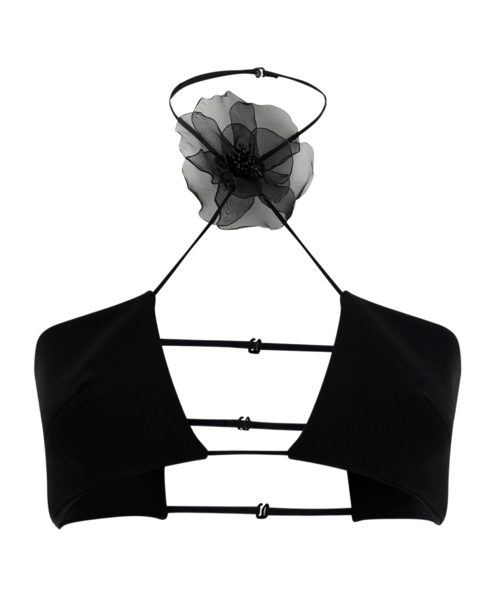 Nensi Dojaka Floral-appliqué Halterneck Cropped Top In Black