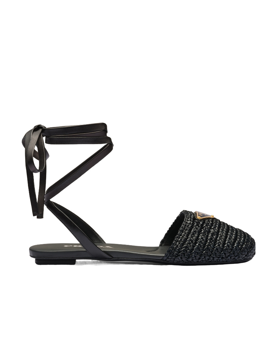 Prada Logo-plaque Woven-raffia Sandals In Black